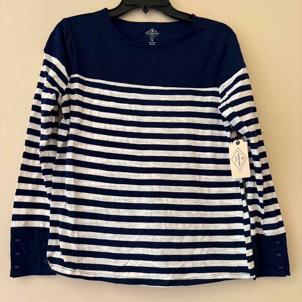 St John’s Bay Petite Small Navy White Breton Stripe Cotton Top NWT